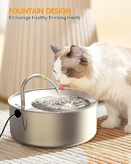 Oiwliur Cat Water Fountain, 3.2L/108oz Stainless Steel Automatic Water Dispenser, Pet Water Fountain with Ultra-Quite Pump and 3 Replacement Filters for Cats, Dogs, and Multiple Pets (Silver)