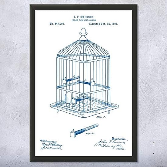 Framed Bird Cage Perch Print, Aviary Decor, Animal Lover, Pet Lover Gifts, Aviculture Art, Birdcage Blueprint Blue & White (20x24)