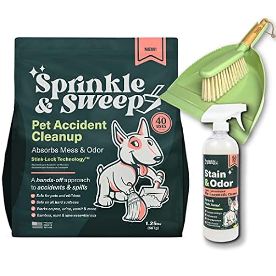 Sprinkle & Sweep - Pet Mess Cleanup (1 Bag + Sweeper Kit + Spray) Housebreaking, Dog Cleaner and Odor Remover, Pet Accident, Non-toxic, Odor Eliminator, Senior Dogs, For Pee, Poop, Vomit, Hairballs