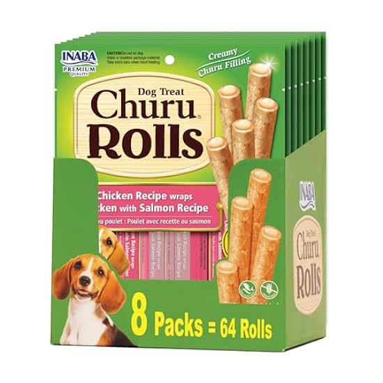 INABA Churu Rolls for Dogs, Grain-Free, Soft/Chewy Baked Chicken Wrapped Churu Filled Dog Treats, 0.42 Ounces Each Stick| 64 Stick Treats Total (8 Sticks per Pack), Chicken with Salmon Recipe