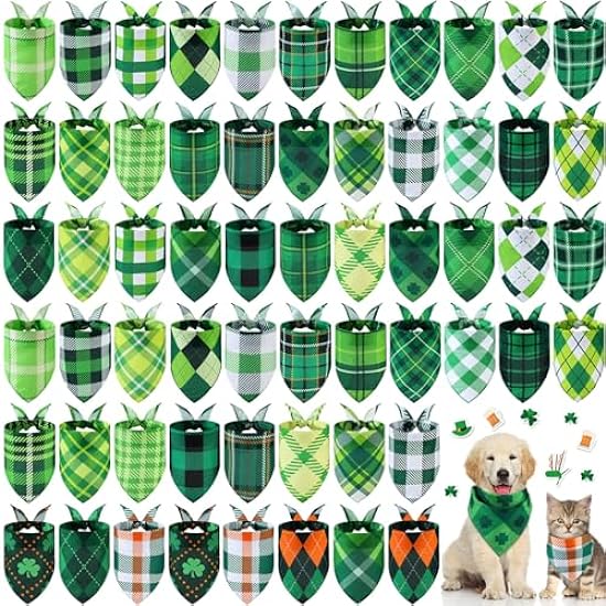 Sweetude 60 Pcs St Patrick´s Day Plaid Dog Bandanas Bulk St Patrick´s Pet Scarf Bibs Adjustable Washable Kerchief Holiday Pet Costume Accessories Grooming Supplies for Small to Large Cats Dogs