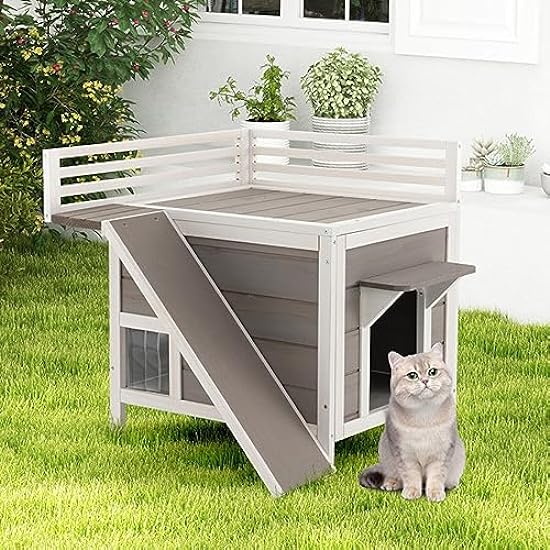 Outdoor Feral Cat House Wooden Kitty Shelter with Large Balcony and Slide, Escape Door,Waterproof