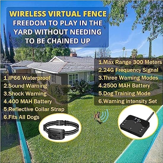 HEXIEDEN Wireless Dog Fence, Pet Boundary Containment System, 2-in-1 Electric Dog Fence & Shocks Training Collar with Remote,Adjustable Signal Range, Rechargeable, Harmless, for 1 2 3 Dogs,for1dog