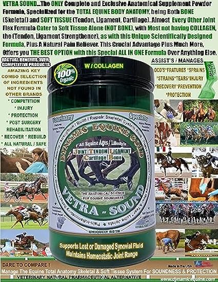 Dynamic Equine Gold VETRA-Sound. The Only and Uniquely Different, Veterinary Complete Skeletal Joint/Body Formula, for Both Bone Soft Tissue Horses. Any Lifestyle & Professional Discipline Use.
