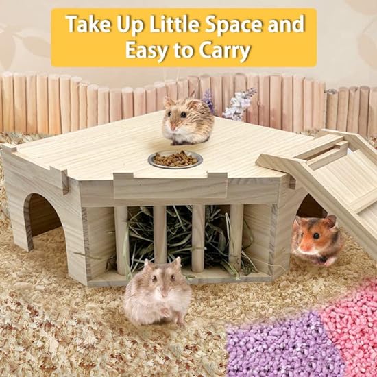Hamiledyi Guinea Pig Castle Natural Wooden Rabbit House with Ladder and Hay Feeder Chinchilla Multi Chamber Hideaway Small Animal Hideout House for Guinea Pig Rabbit Hedgehog